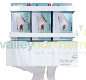 front view of the Hygihub® glove and apron dispenser in action